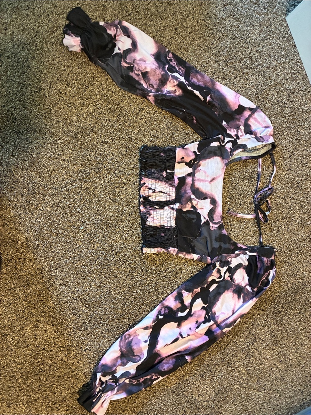 Topshop Pink and Black Marble Print Long Sleeve Crop Top